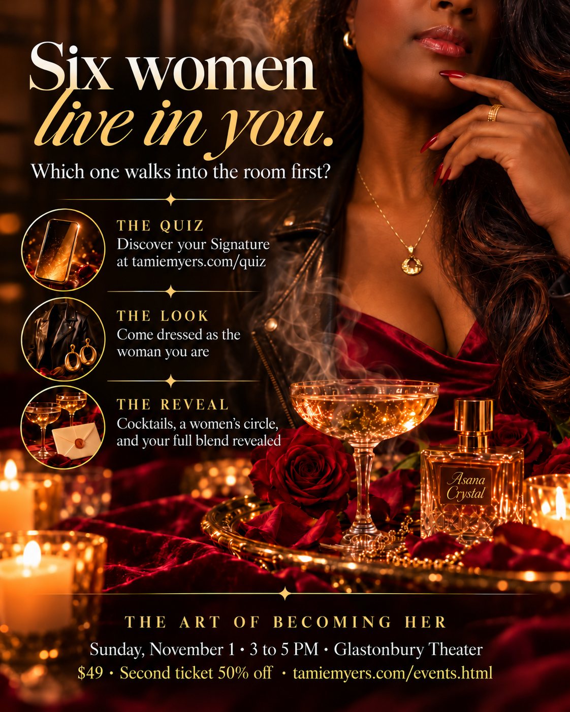 Six women live in you. The Art of Becoming Her, Event 3: Which Woman Are You? Sunday, November 1, 2026, 3 to 5 PM, Glastonbury Theater