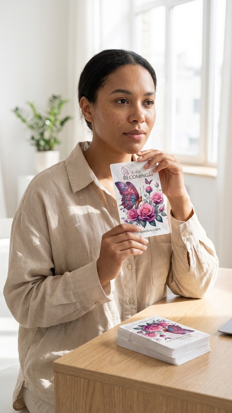 Woman holding The Art of Becoming Her affirmation card