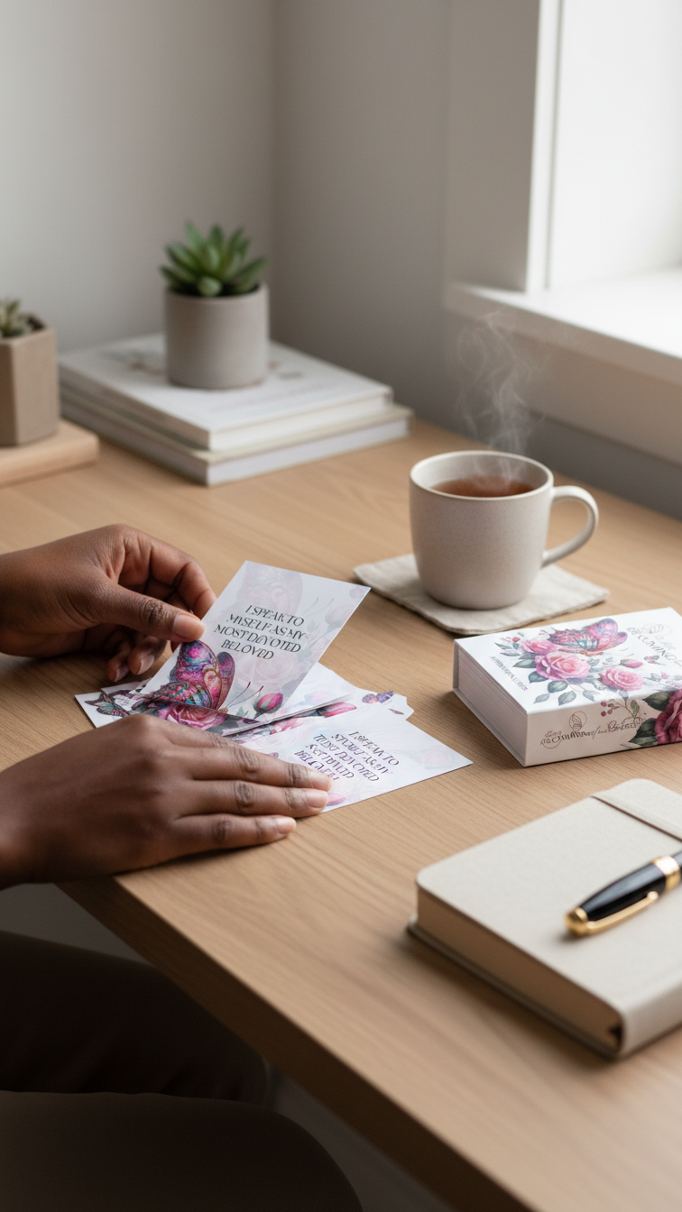 Hands spreading The Art of Becoming Her affirmation cards with tea and journal on desk