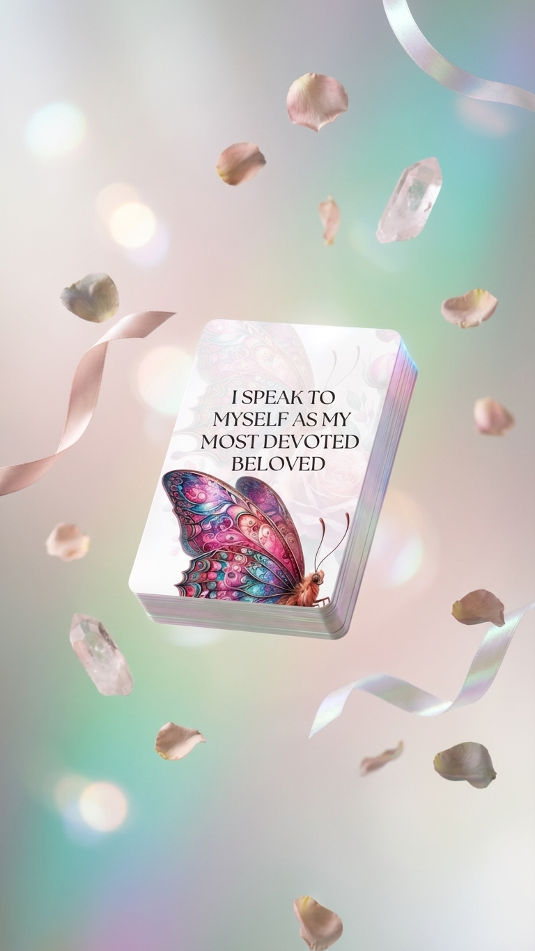 The Art of Becoming Her affirmation card floating with rose petals and crystals